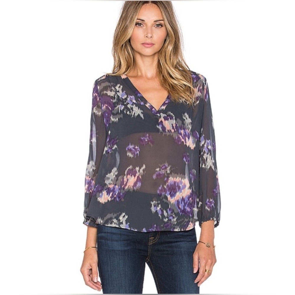 Joie Floral Silk Top Blouse Sheer Gray Purple Womens Size Small